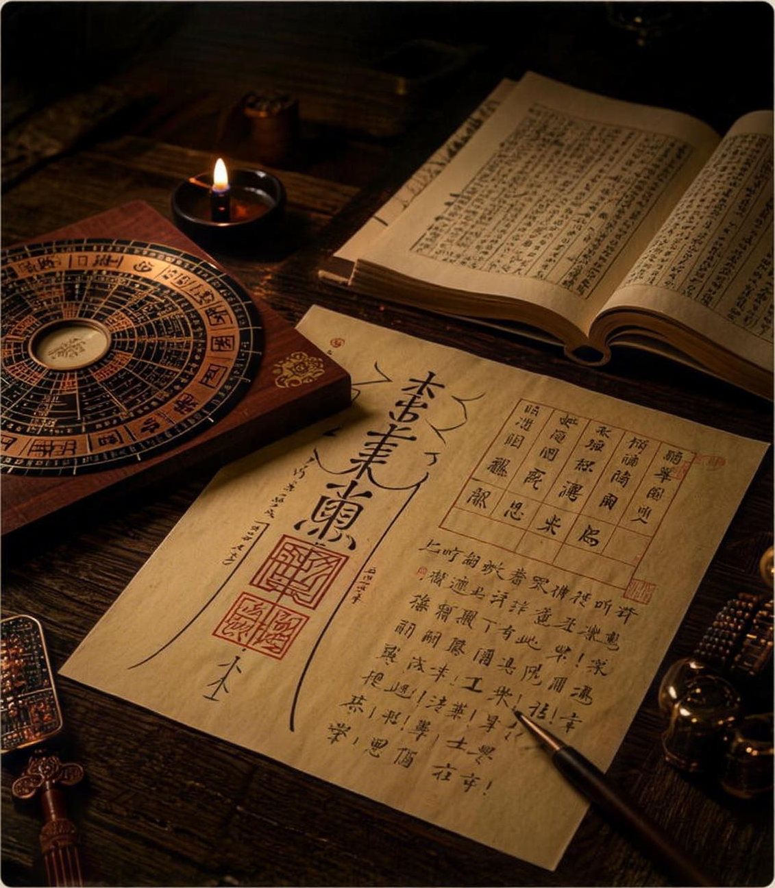 罗盘、历法书册与生辰定制符箓手稿